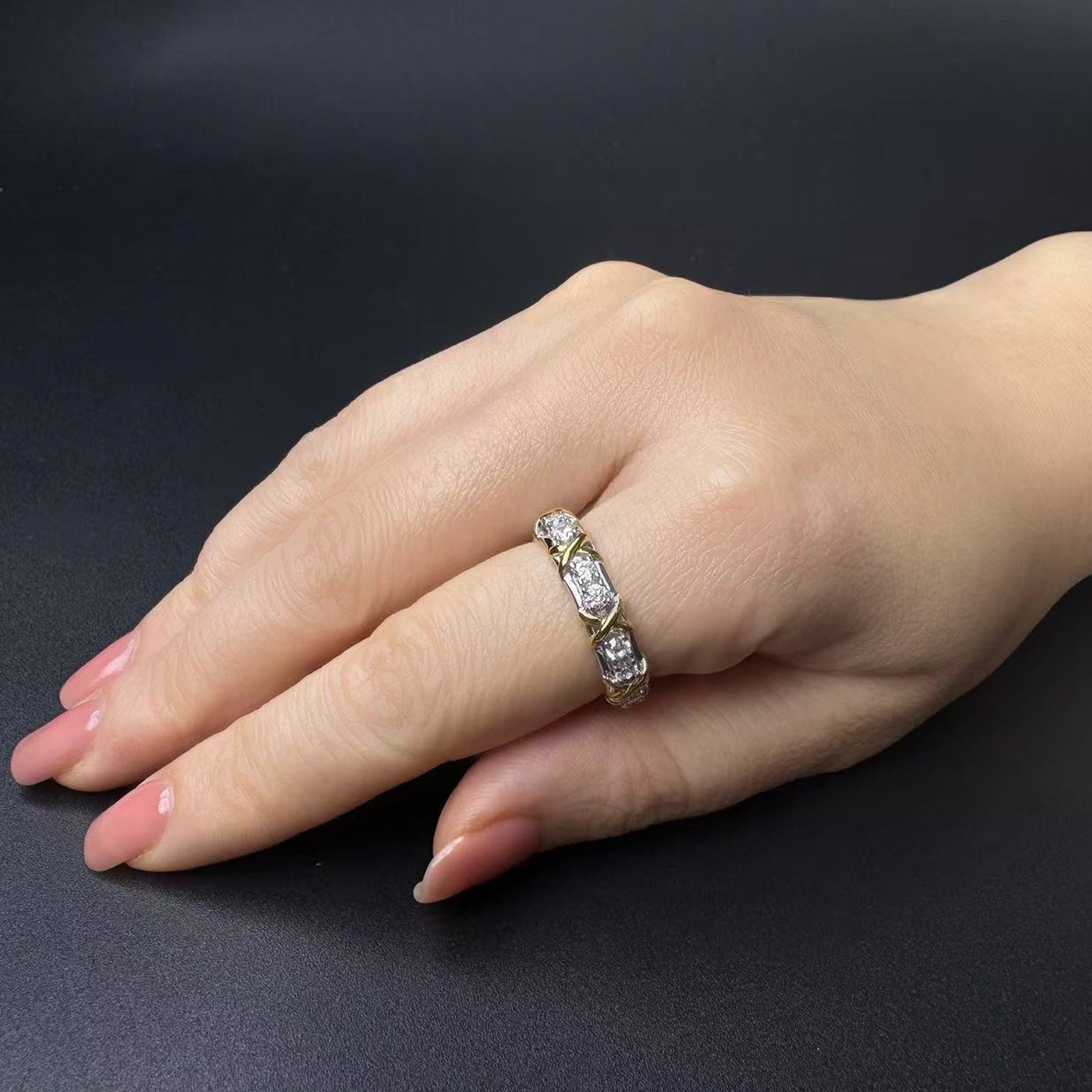 Aurabelle 925 silver with zircon and gold X pattern fashion ring, Modern Times ring