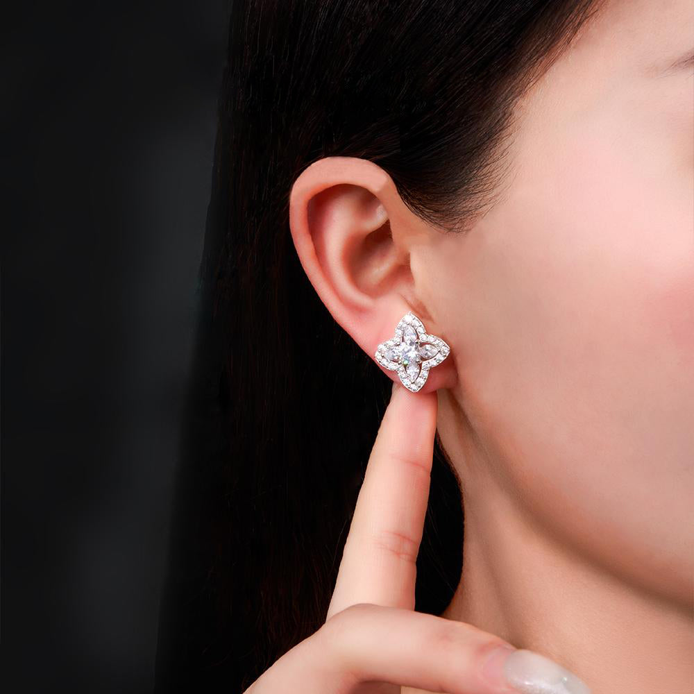 Aurabelle 925 sterling silver with 5A zircon earrings, four-leaf flower earrings, with additional silicone Bullet Ear Stoppers