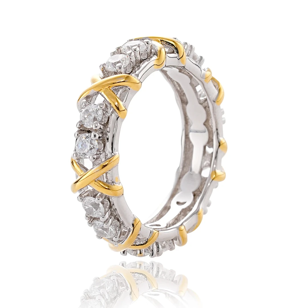 Aurabelle 925 silver with zircon and gold X pattern fashion ring, Modern Times ring